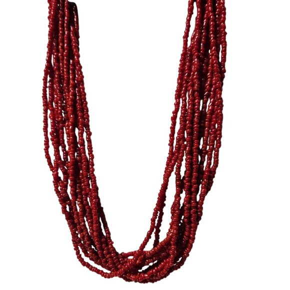 Elegant Retro Red Seed Beaded Chunky Necklace Multi Strand Fashion Jewelry Women - Picture 1 of 5